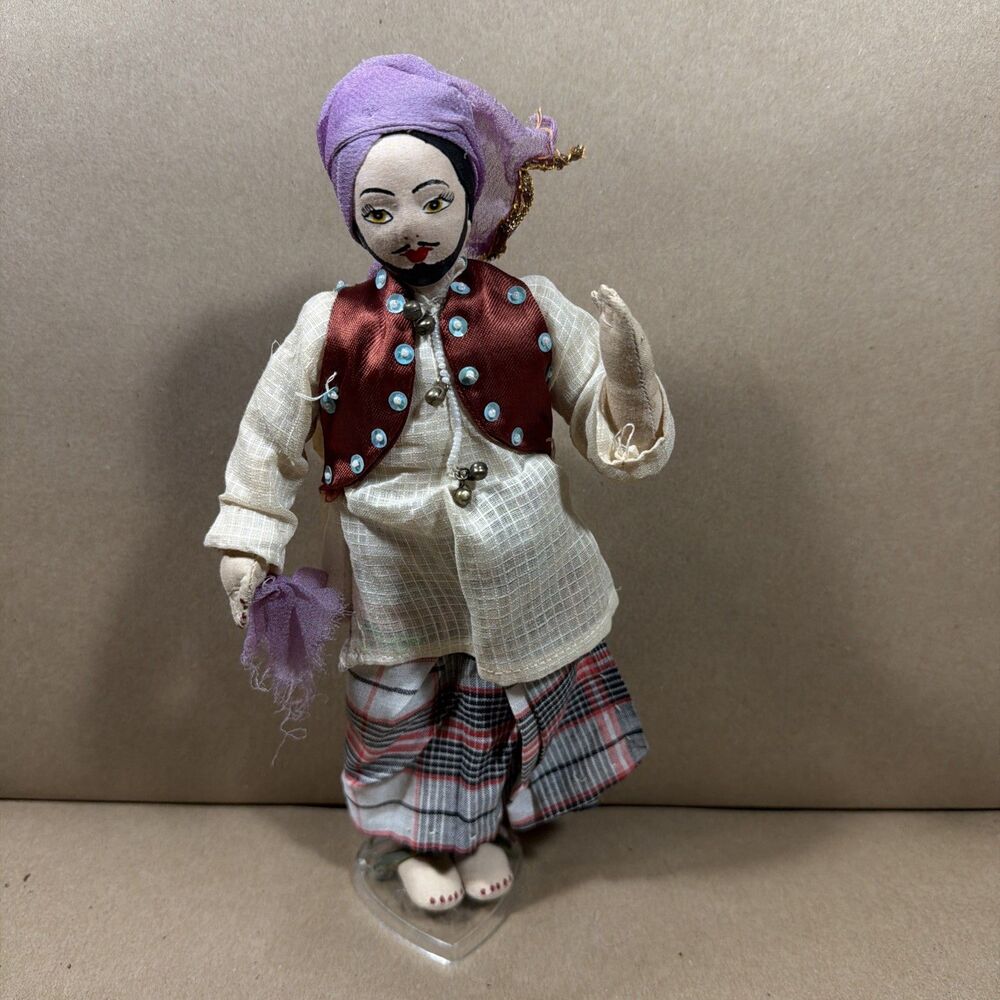 India Hand Made & Hand Painted Face Indian Man Doll Cloth Clothes 11" on Stand